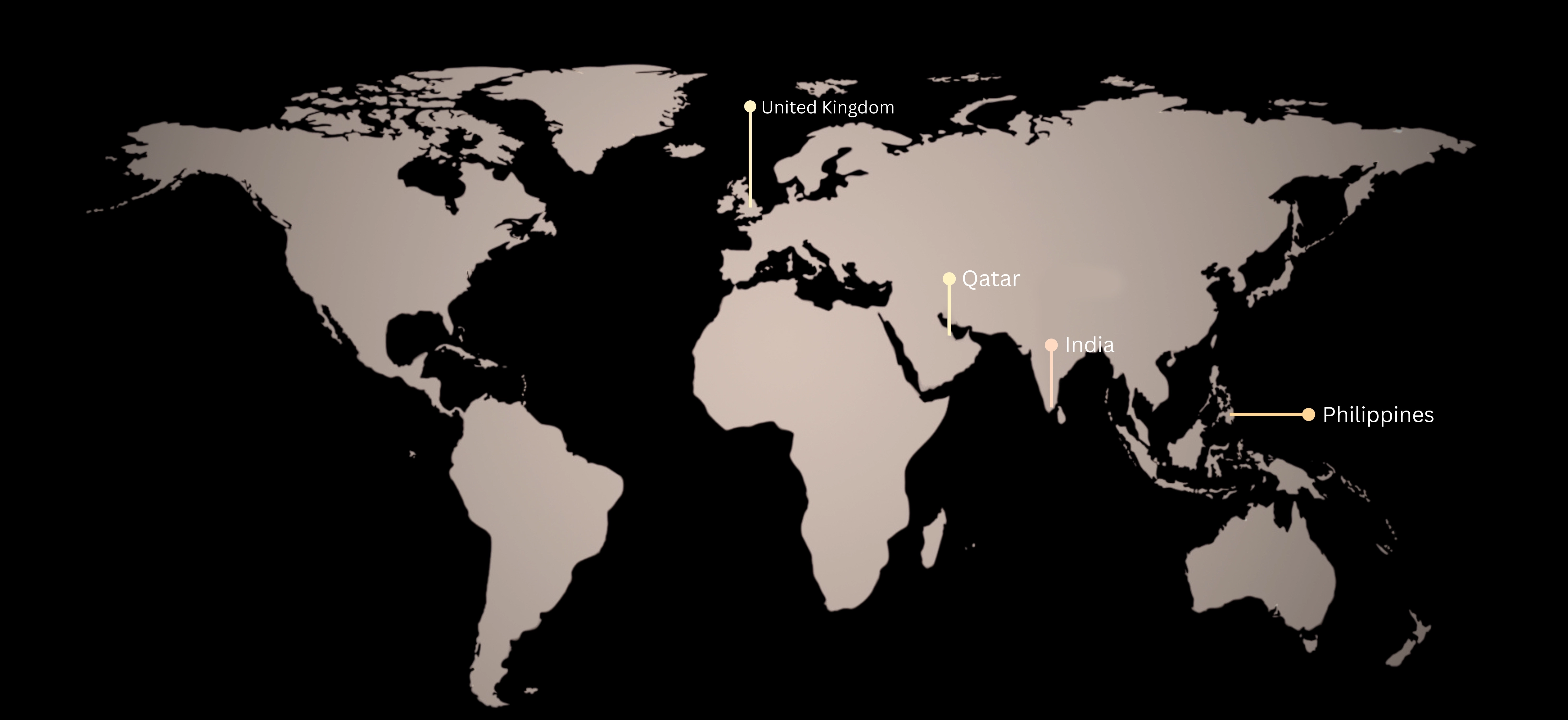 Global Presence Map showing UK, Qatar, India and Philippines